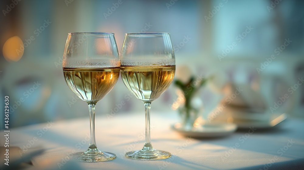 Two Wine Glasses with White Wine, Elegant Table Setting, Soft Overhead Light, Blurred Background Two Wine Glasses with White Wine, Elegant Table Setting, Soft Overhead Light, Blurred Background