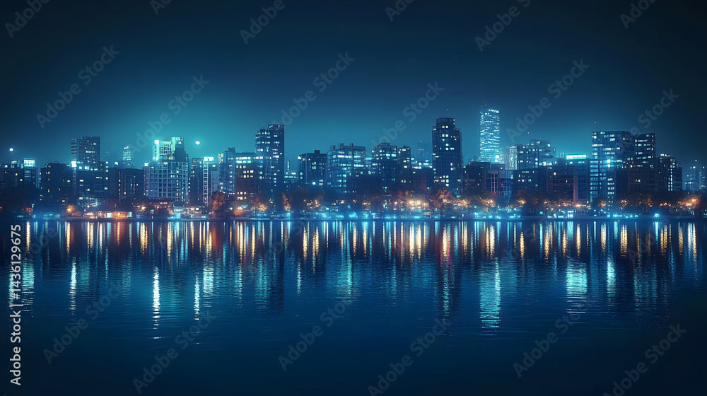 Fototapeta premium Night Cityscape With Water Reflection 3D Illustration