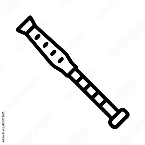 Simple graphic showing a black and white illustration of flute with finger holes and mouthpiece displayed clearly