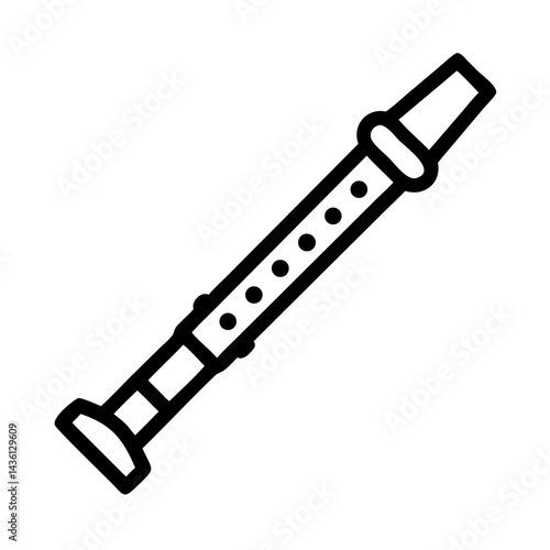 Simple graphic showing a black and white illustration of flute with finger holes and mouthpiece displayed clearly