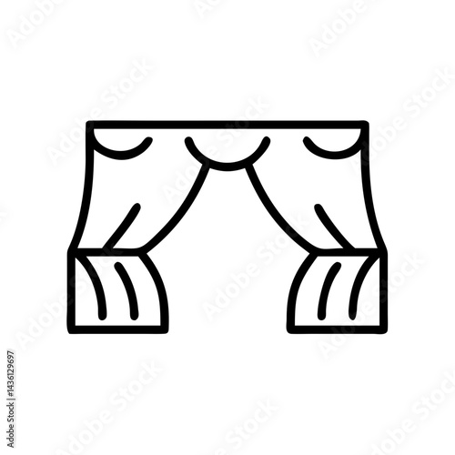 Stylized drawing of a stage curtain with swag and gathered sides in a simple outline format design