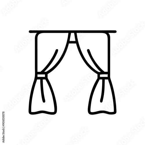 A simple graphic showing a pair of swagged window coverings with a rod and tie backs is presented here
