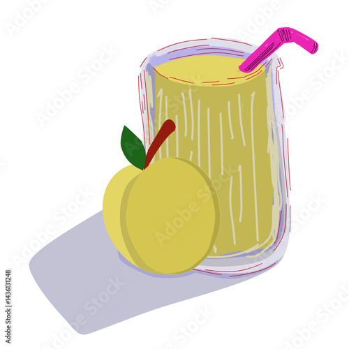Vector hand drawn illustration of a glass of fruit juice and a straw. A peach is placed in front of the glass. Summer refreshment.
