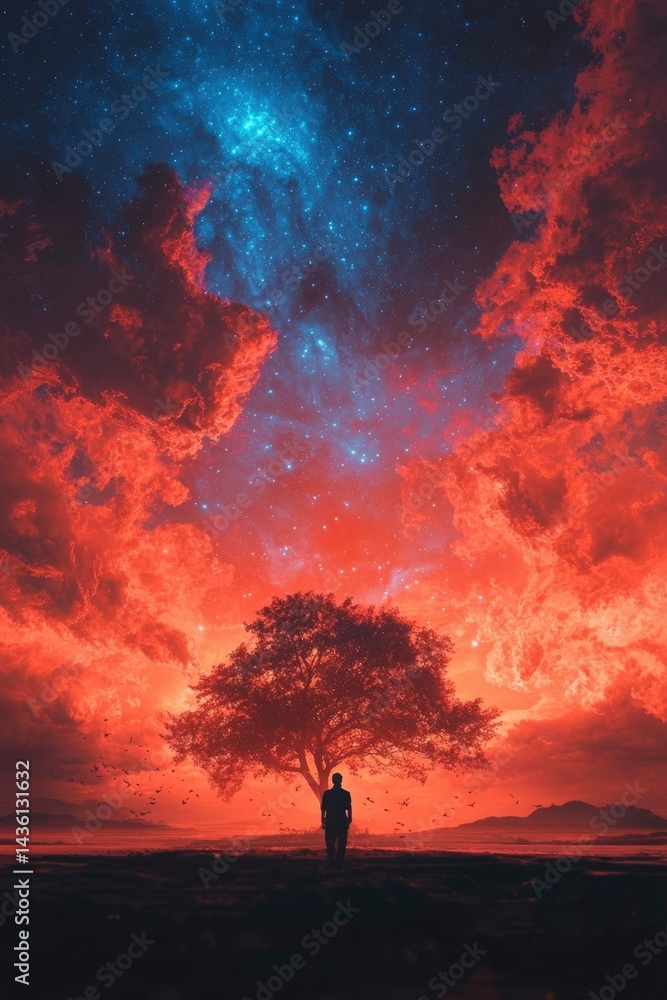Obraz premium Silhouette figure under vivid sunset sky