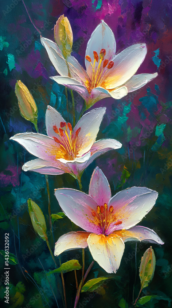 White lilies in vibrant oil painting on purple gradient White lilies in vibrant oil painting on purple gradient
