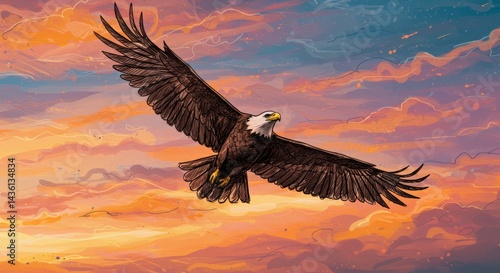 Wallpaper Mural Majestic bald eagle soars through a vibrant sunset sky with warm colors art illustration wallpaper, capturing freedom and power of nature Torontodigital.ca