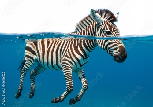 Striking zebra swimming in crystal clear tropical water landscape