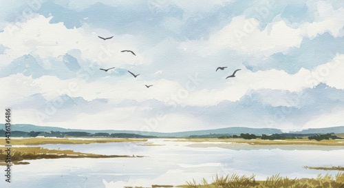 Serene watercolor painting of a tranquil landscape with birds flying over a calm river and distant hills under a cloudy sky
