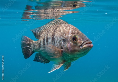 A majestic tilapia swimming gracefully in the tranquil azure water depth