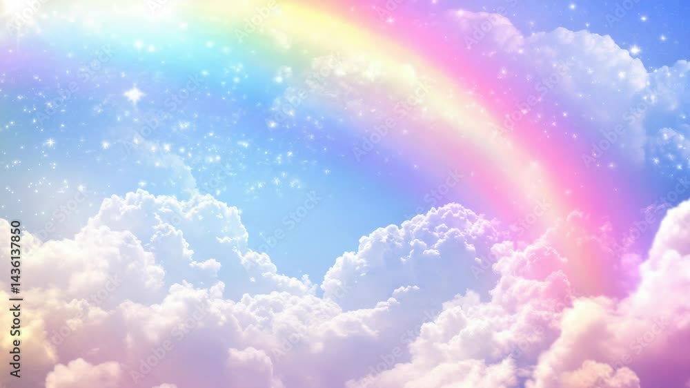 Dreamy sky with fluffy clouds and shimmering stars against a colorful rainbow backdrop on a bright sunny day Dreamy sky with fluffy clouds and shimmering stars against a colorful rainbow backdrop on a bright sunny day
