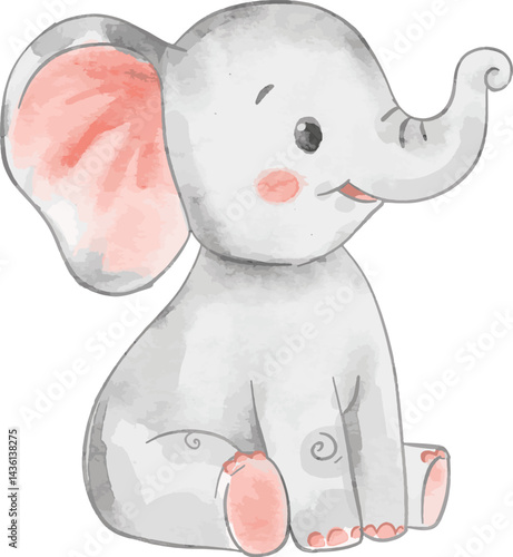 Cute baby elephant sitting side view. Watercolor animal element for baby shower decoration.