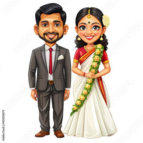 Cartoon Wedding Couple Illustration South Indian Bride Groom on transparent background