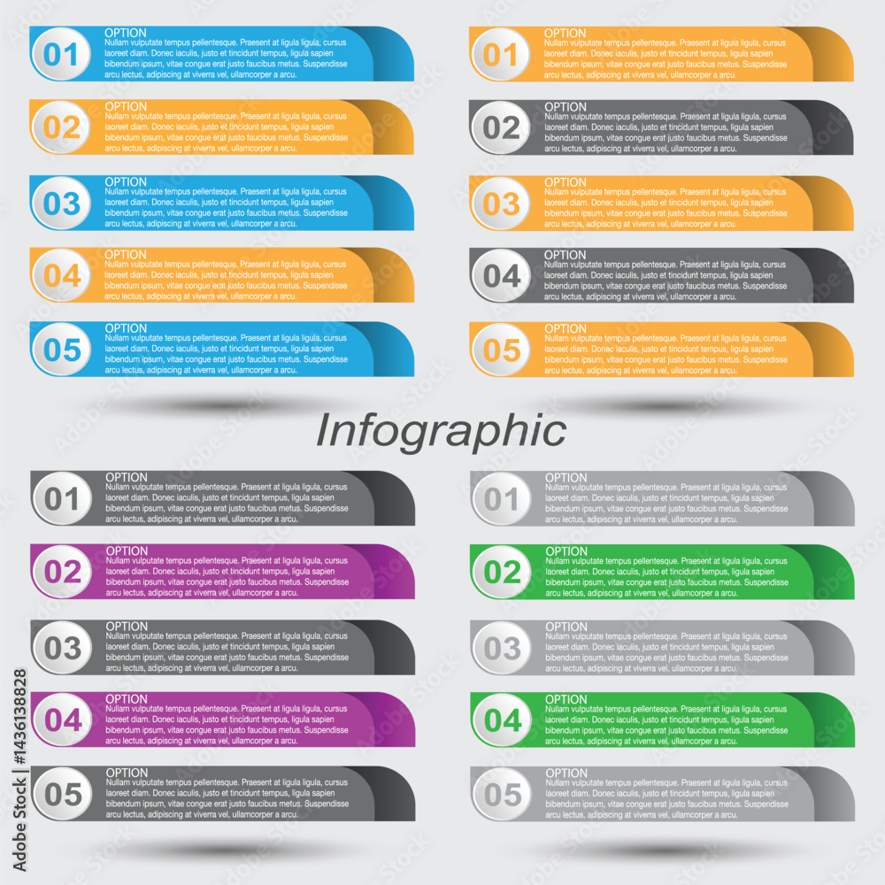 Collection infographics with steps and options, banner for business design and website template.