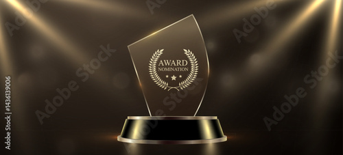 Award round podium with glass trophy with laurel wreath on dark background. Symbol of victory, achievement, success, rewarding of winner.