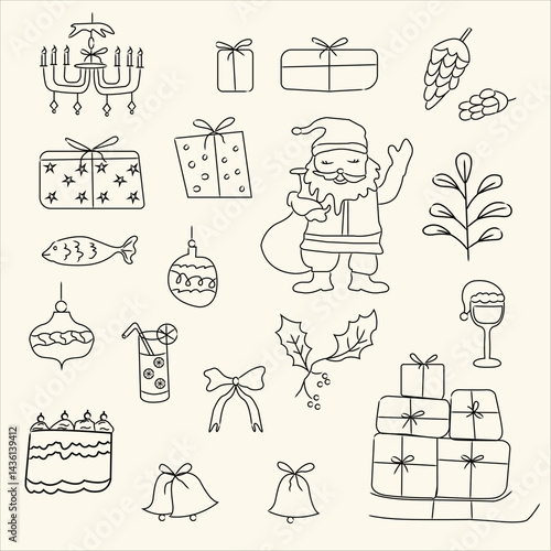 Hand drawn Christmas doodles collection with holiday food, gifts, decorations, and santa for greeting cards, invitations, party decor designs, wrapping paper and packaging designs.