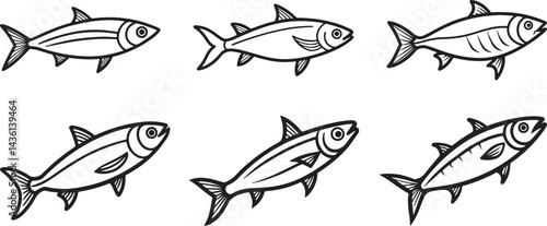 set of sardine fish line art, black outline, vector and illustration, coloring book page line art drawing