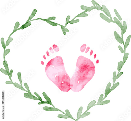 Watercolor Pink Baby Girl foot steps with love shaped floral leaves. Cute foot prints for baby gender reveal, and baby shower decoration.