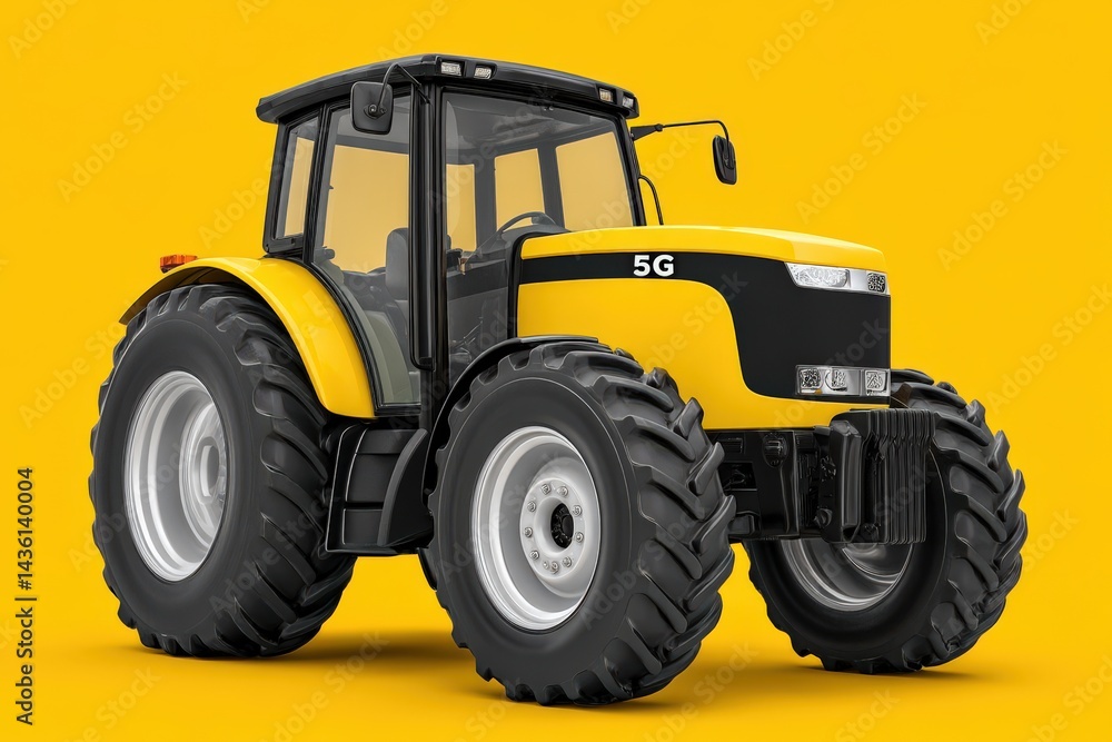 Large black tractor with front wheels turned sideways positioned on bright yellow background in flat-lit scene representing farming machinery strength and rural industry Large black tractor with front wheels turned sideways positioned on bright yellow background in flat-lit scene representing farming machinery strength and rural industry