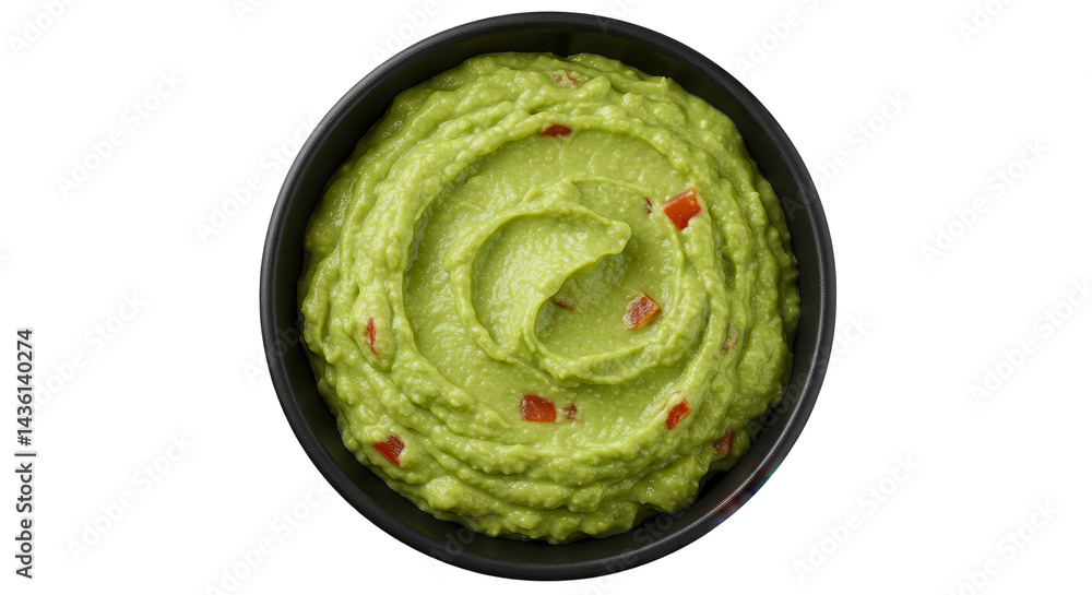 Creamy swirl of guacamole in a dark bowl vibrant green with diced tomatoes Creamy swirl of guacamole in a dark bowl vibrant green with diced tomatoes