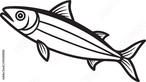 sardine fish line art, black outline, vector and illustration, coloring book page line art drawing