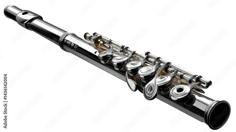 Naklejka premium Musical Melody Maker: An elegant piccolo, its polished silver finish gleaming, rests serenely, poised to weave melodic magic, ready to create delightful and harmonious music.