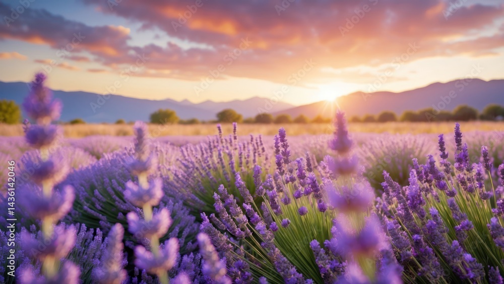 Obraz premium Lavender Field Blooming Under a Dramatic Sunset Sky at Dusk