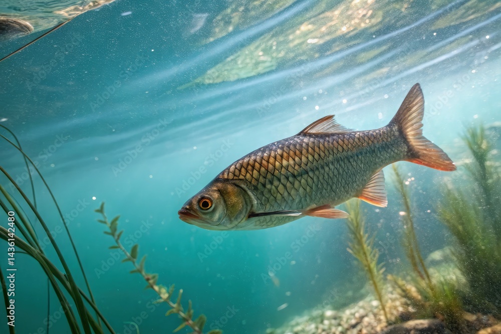 Naklejka premium Fish Swimming Gracefully in Clear Underwater Habitat Generative AI