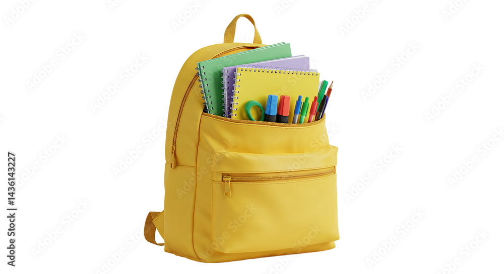 A yellow backpack filled with notebooks, pens, markers, and scissors against a black background view A yellow backpack filled with notebooks, pens, markers, and scissors against a black background view