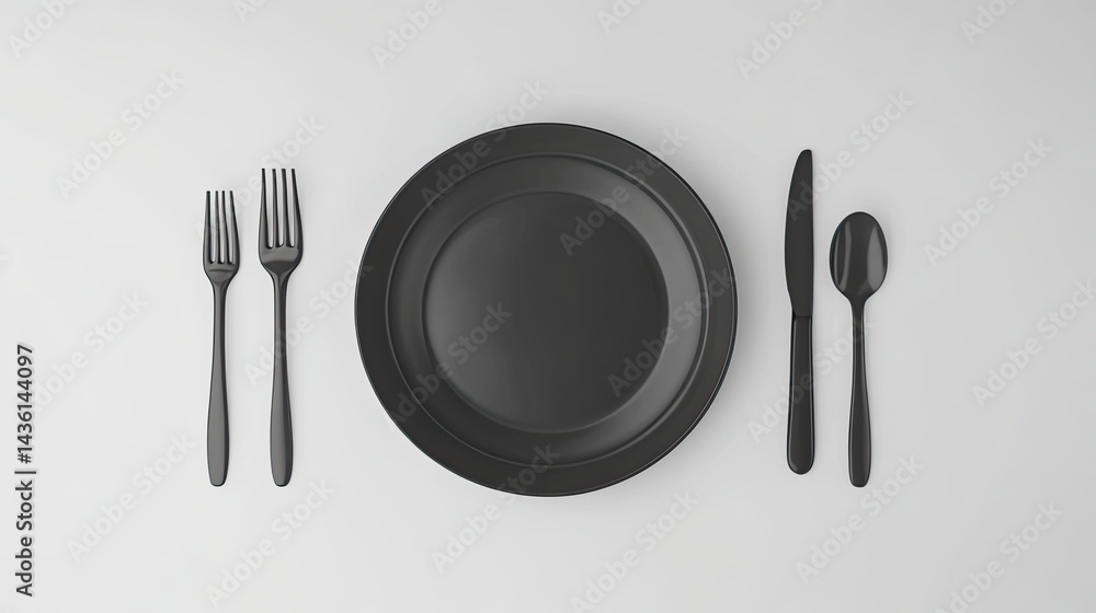 A stunning image of elegant dining setting with plate and silverware on white table. A stunning image of elegant dining setting with plate and silverware on white table.