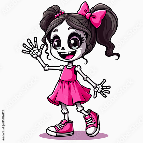 Little skeleton girl in a pink dress and sneakers