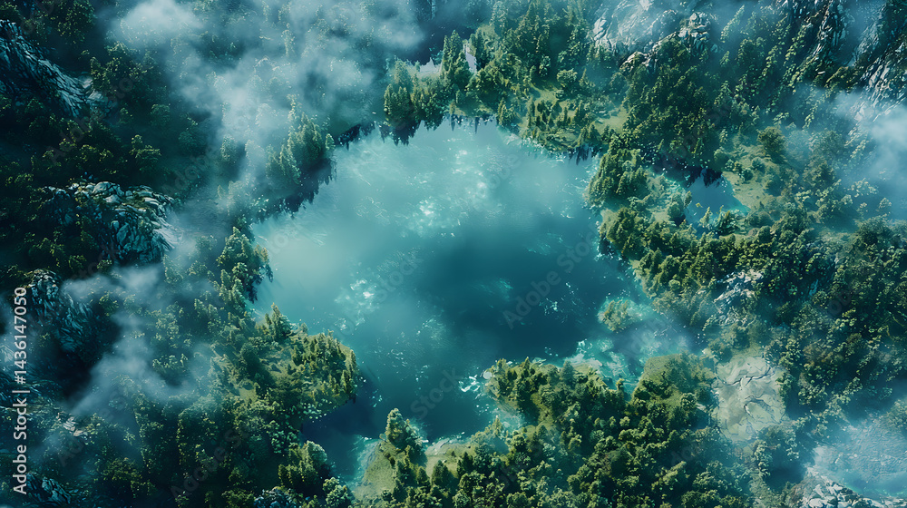 Obraz premium Aerial Serenity: Breathtaking aerial view of a tranquil lake surrounded by lush green trees, enveloped in a mystical atmosphere created by swirling mist and soft clouds.