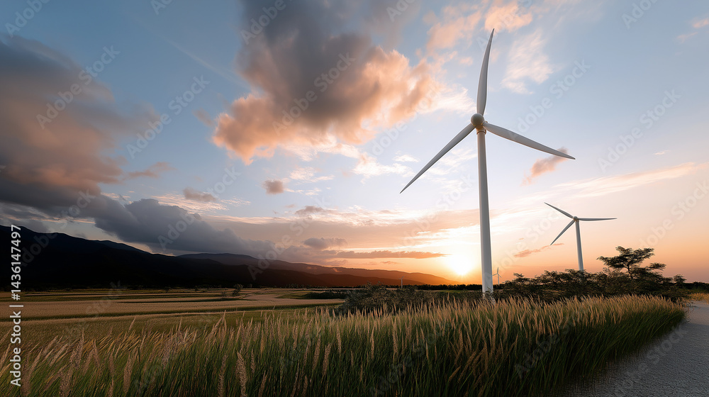 Obraz premium Wind Turbines Spinning Against a Sunset for Clean Energy Solutions
