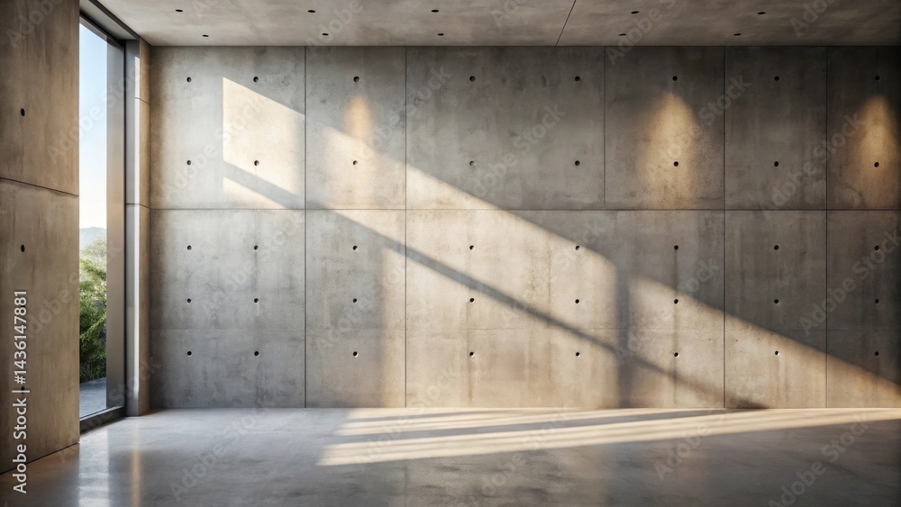 Sunlit Minimalist Concrete Room Interior Design with Large Window and Panel Wall Sunlit Minimalist Concrete Room Interior Design with Large Window and Panel Wall
