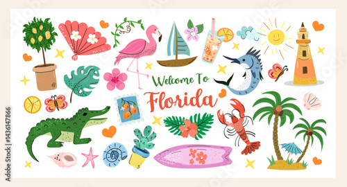 Welcome to Florida Set a colorful hand-drawn vector collection with alligator, flamingo, palm trees, tropical drinks, lighthouse, sun, and beach elements, perfect for summer prints and travel design.