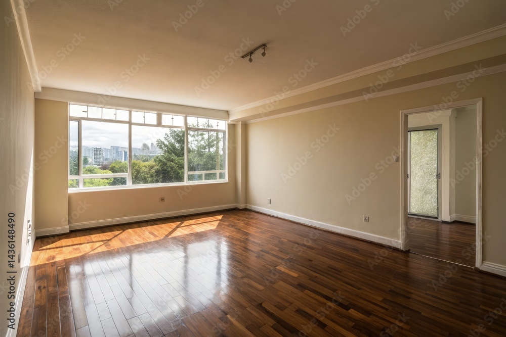 Fototapeta premium Empty Room With Hardwood Flooring and a Large Window Generative AI