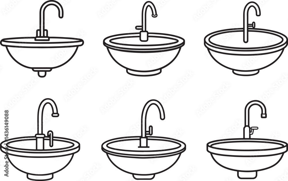 set of bathroom sink and faucet line art, black outline, vector and illustration, coloring book page line art drawing set of bathroom sink and faucet line art, black outline, vector and illustration, coloring book page line art drawing