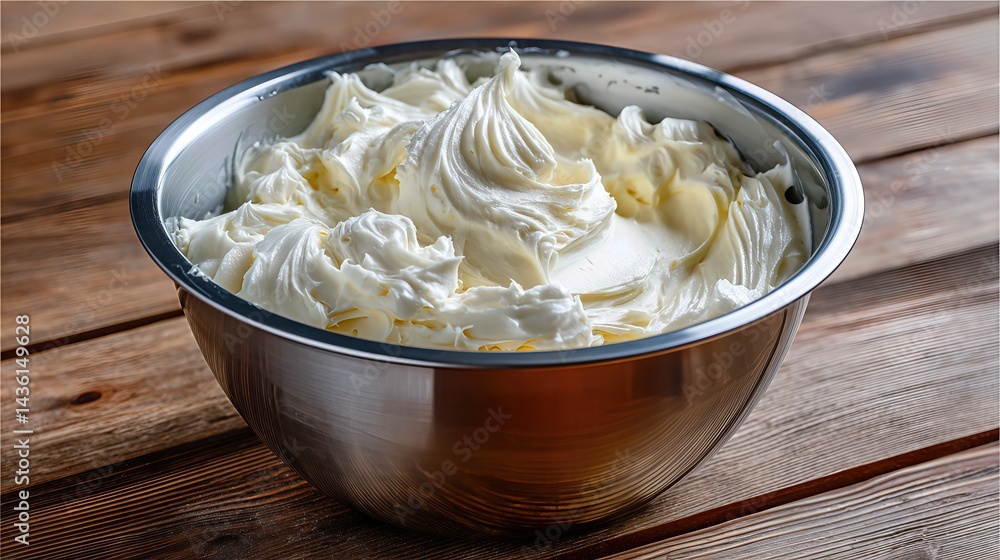 Smooth, creamy white frosting swirls inside a metal bowl, ready for sweet creations. Smooth, creamy white frosting swirls inside a metal bowl, ready for sweet creations.