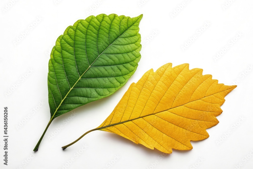 Fototapeta premium Colorful Green and Yellow Leaves on a White Background Generative AI