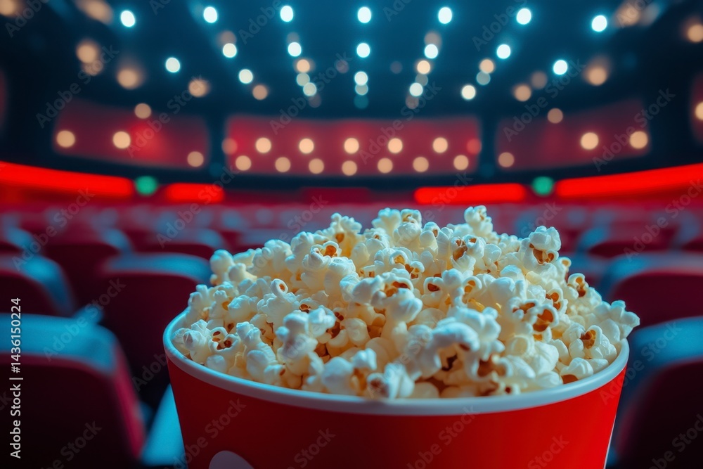 Fresh Popcorn in Red Cup at Movie Theater with Blurred Background Fresh Popcorn in Red Cup at Movie Theater with Blurred Background
