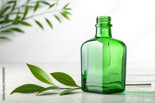 Green Glass Bottle With Leaves on White Surface Close-Up Generative AI