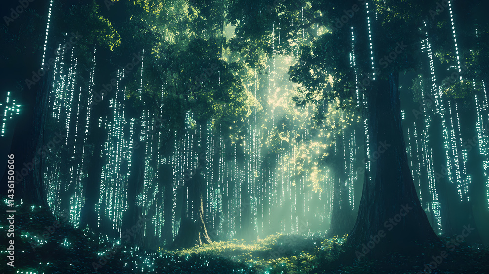 Obraz premium Enchanted Forest Scene: A captivating shot of sunlight streaming through the canopy of an ethereal forest, creating an atmosphere of mystery and natural wonder.