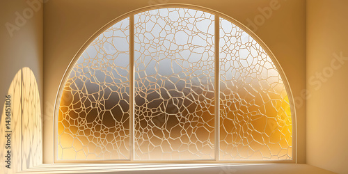 Arch window with intricate glass design. Elegant, geometric pattern.