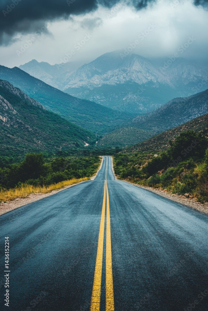 Naklejka premium Serene Mountain Road Under Cloudy Skies in Nature's Embrace