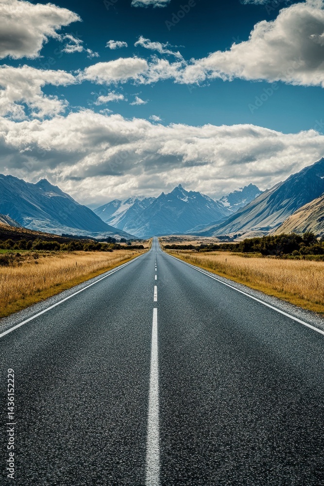 Naklejka premium Serene Open Road Through Majestic Mountains Under Blue Sky