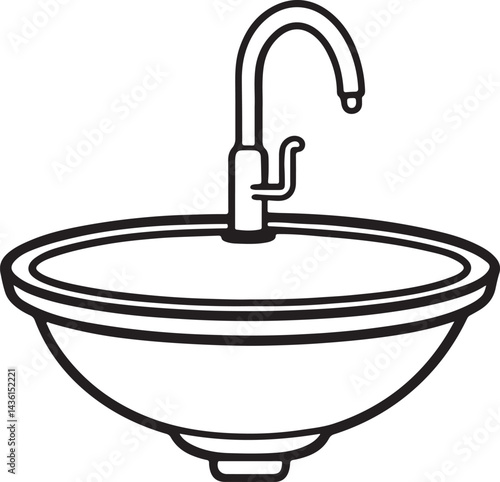 a bathroom sink and faucet line art, black outline, vector and illustration, coloring book page line art drawing