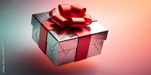 Silver gift box with red ribbon.