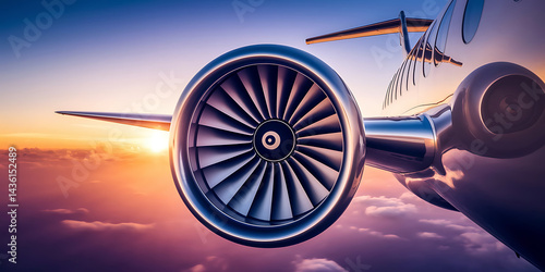 Jet engine at sunset, powerful and futuristic.