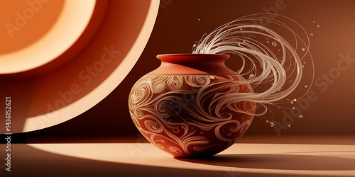 Ornate terracotta vase with flowing design.