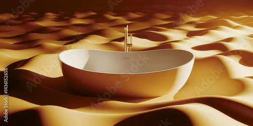 Empty bathtub, desert-like backdrop. Modern, minimalist design. Smooth, flowing lines.