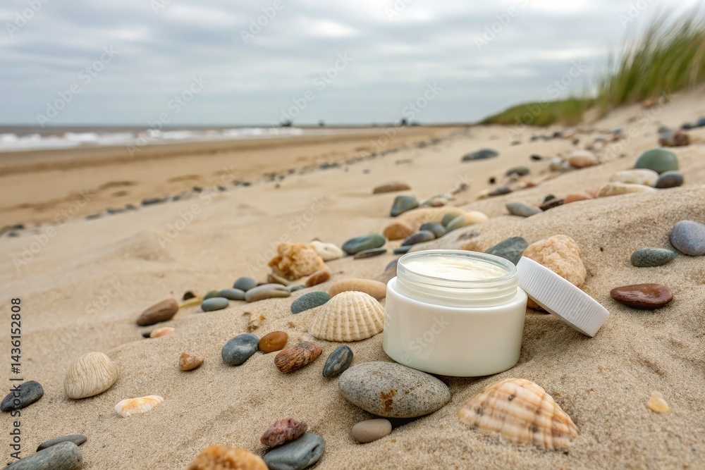 Cream Jar Resting on Sandy Beach With Pebbles and Shells Generative AI Cream Jar Resting on Sandy Beach With Pebbles and Shells Generative AI